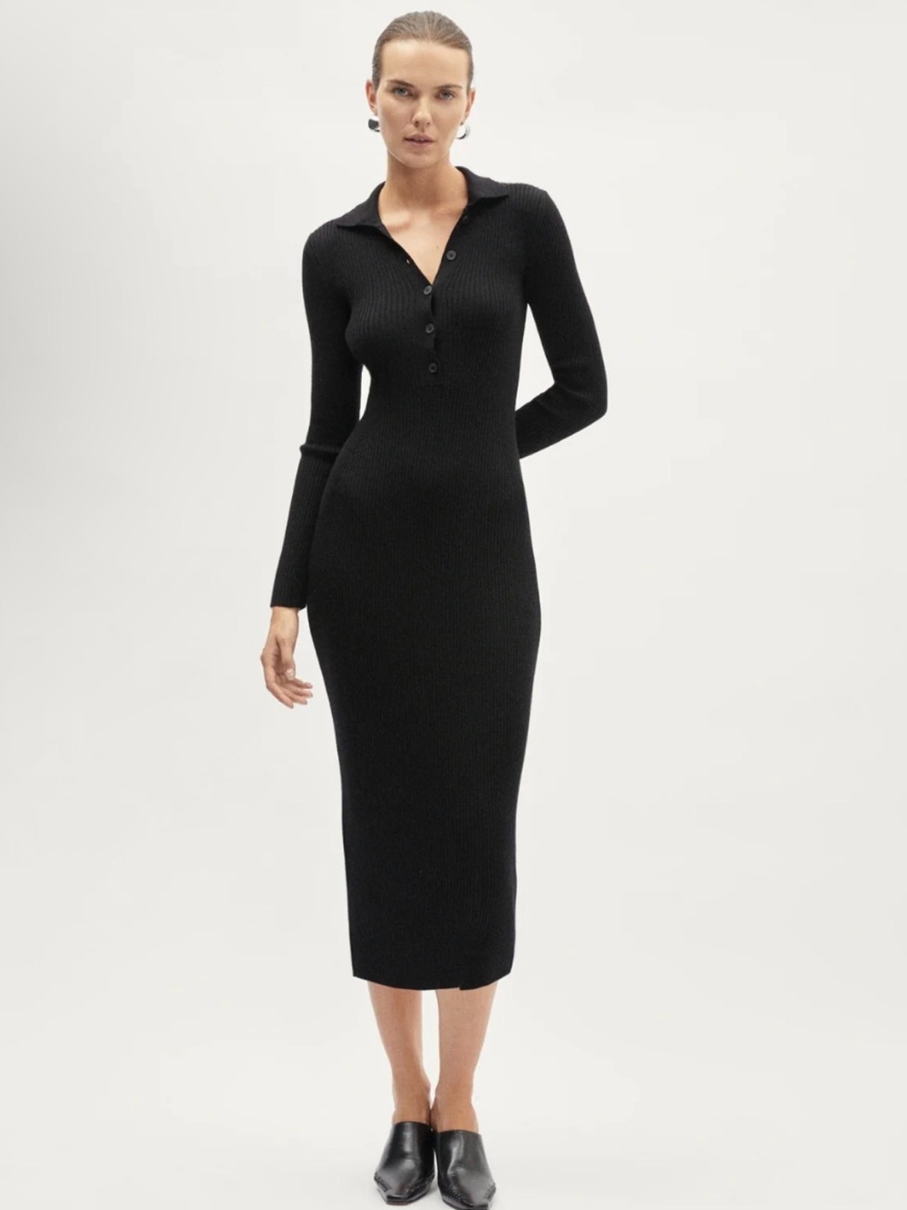 Zara Black Ribbed Polo Midi Dress - Long Sleeve